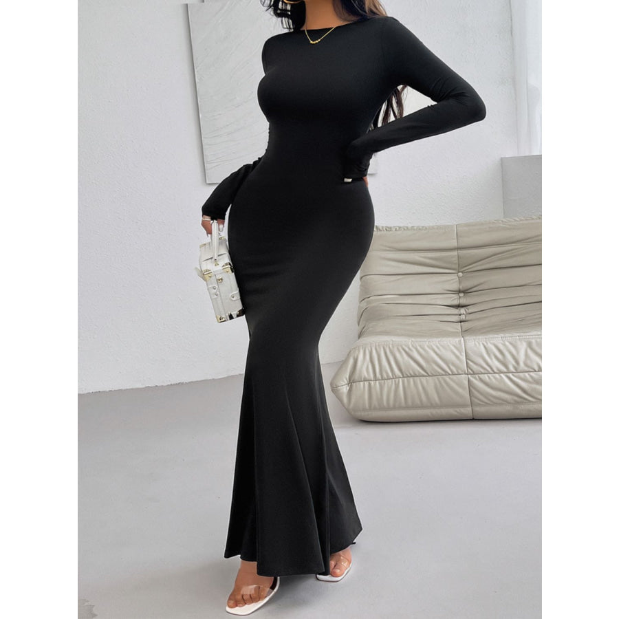 Devine Backless Round Neck Long Sleeve Maxi Dress Apparel and Accessories