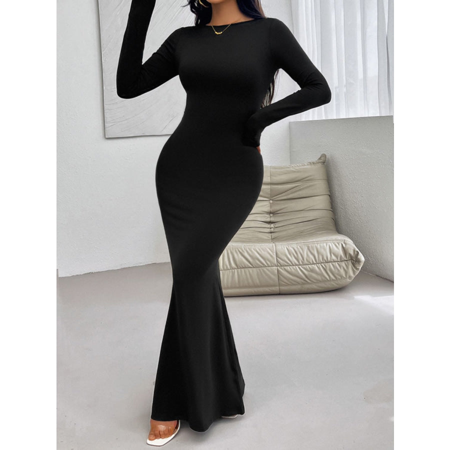 Devine Backless Round Neck Long Sleeve Maxi Dress Apparel and Accessories