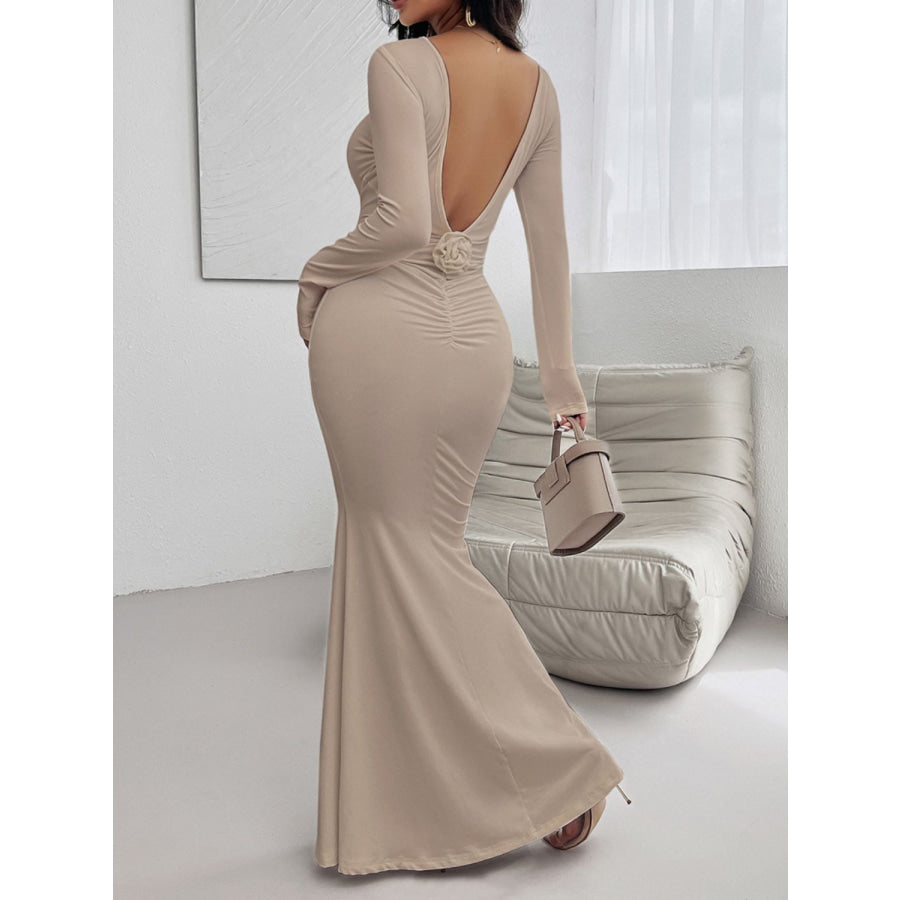 Devine Backless Round Neck Long Sleeve Maxi Dress Apparel and Accessories