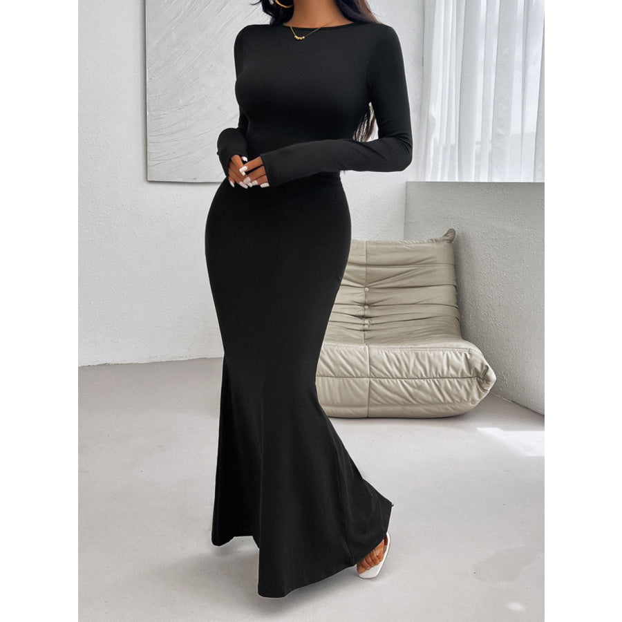 Devine Backless Round Neck Long Sleeve Maxi Dress Black / S Apparel and Accessories