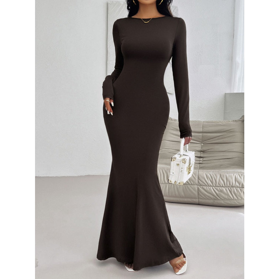 Devine Backless Round Neck Long Sleeve Maxi Dress Chocolate / S Apparel and Accessories