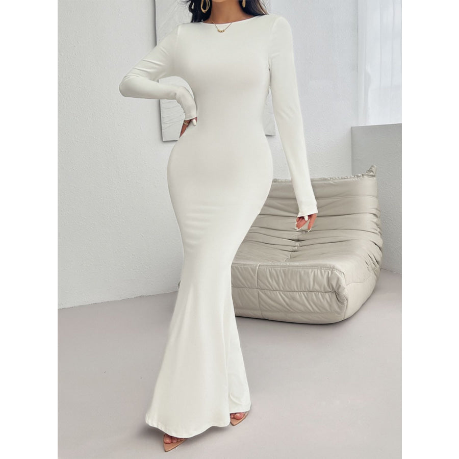 Devine Backless Round Neck Long Sleeve Maxi Dress Ivory / S Apparel and Accessories