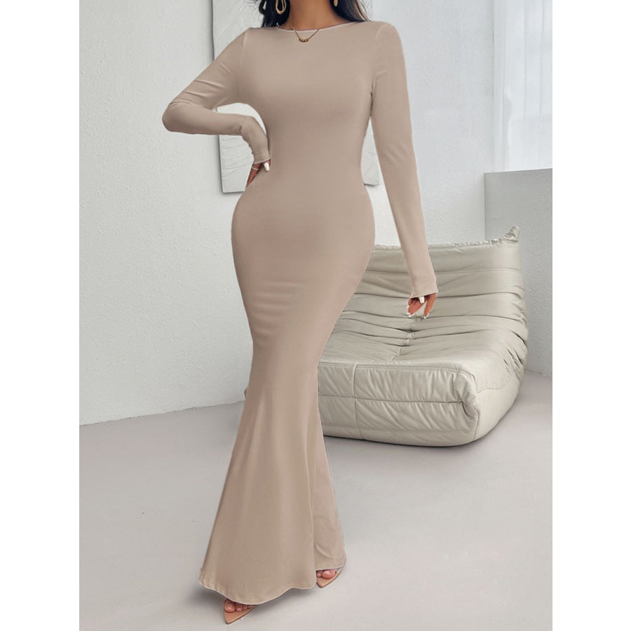 Devine Backless Round Neck Long Sleeve Maxi Dress Khaki / S Apparel and Accessories