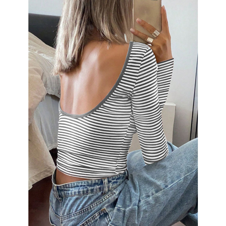 Devine Backless Striped Boat Neck Long Sleeve T-Shirt Apparel and Accessories