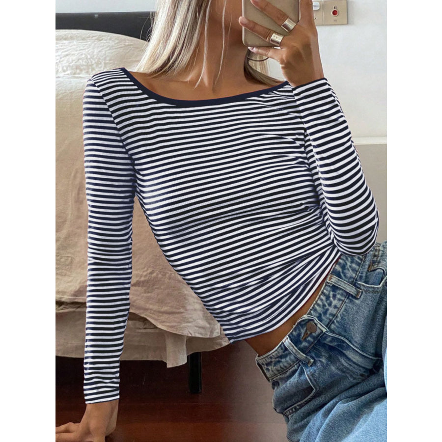 Devine Backless Striped Boat Neck Long Sleeve T-Shirt Apparel and Accessories