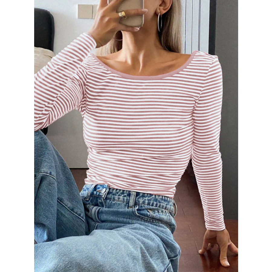 Devine Backless Striped Boat Neck Long Sleeve T-Shirt Apparel and Accessories