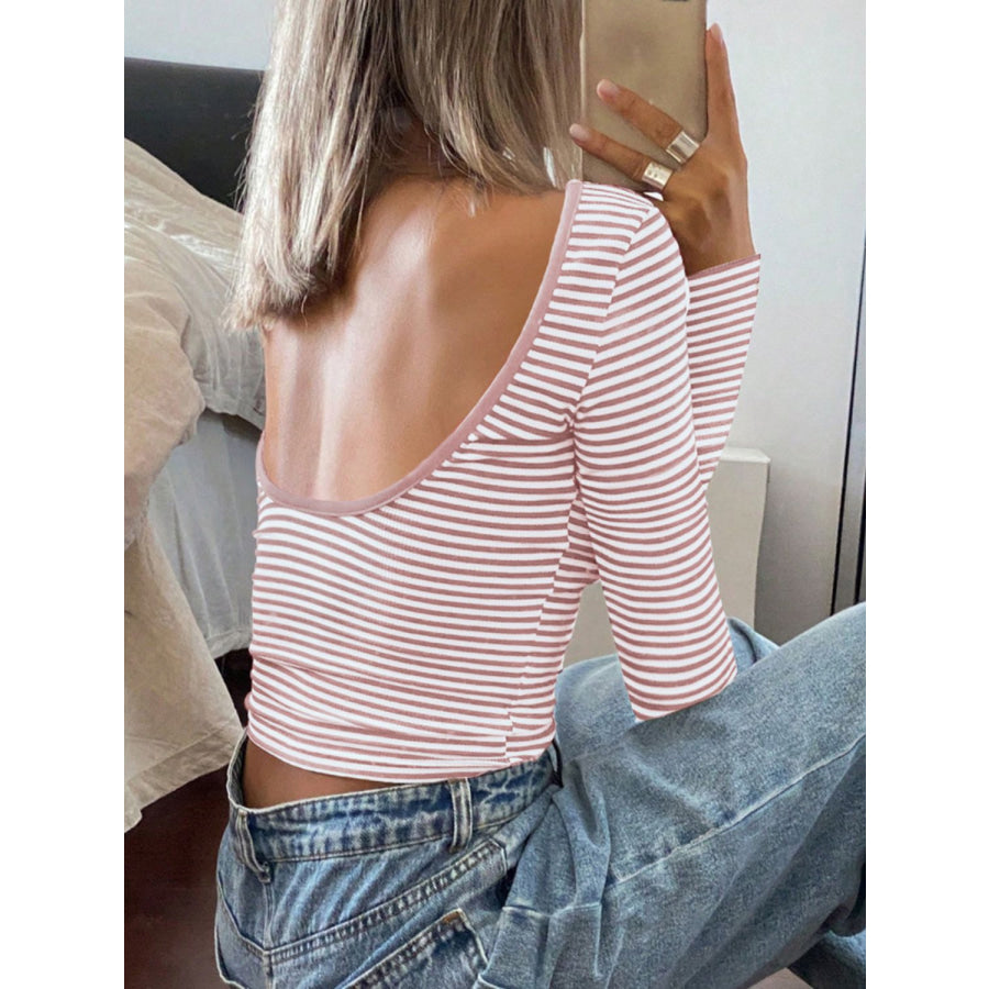 Devine Backless Striped Boat Neck Long Sleeve T-Shirt Apparel and Accessories