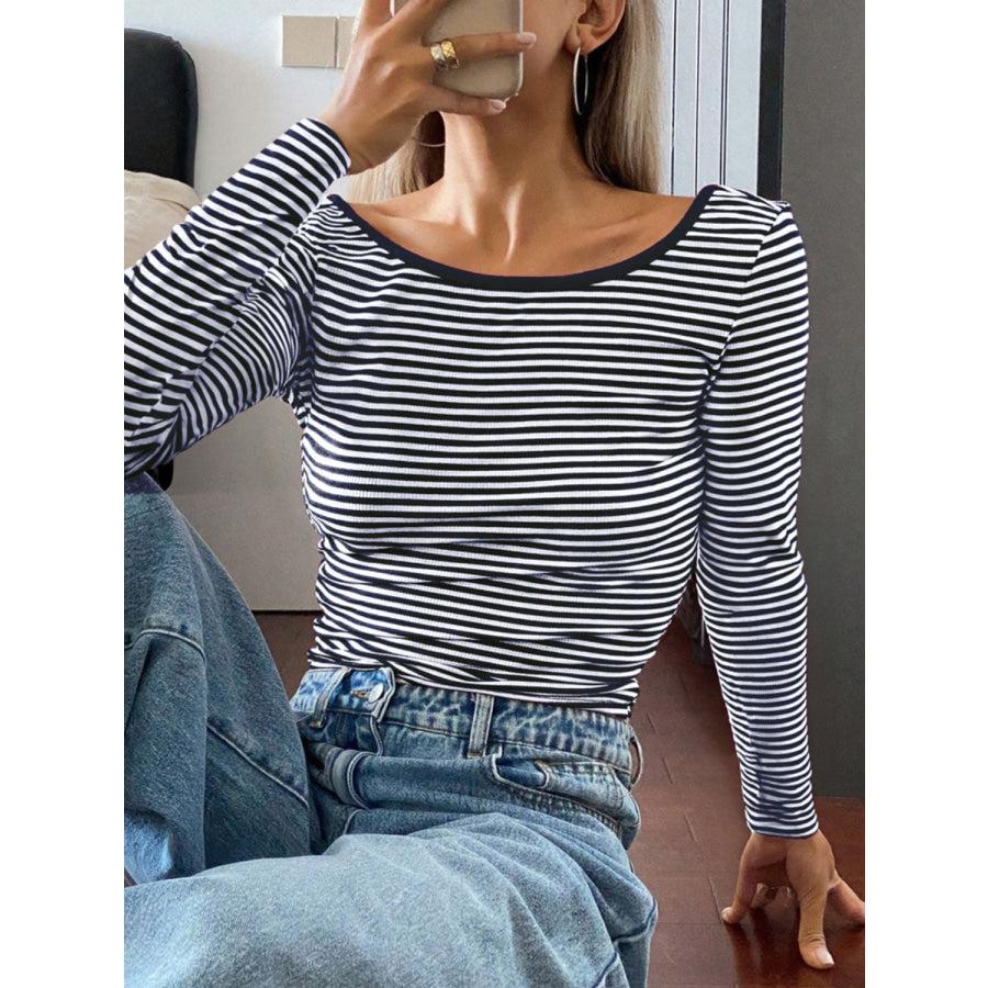 Devine Backless Striped Boat Neck Long Sleeve T-Shirt Apparel and Accessories