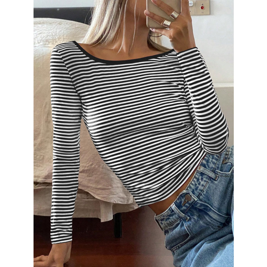 Devine Backless Striped Boat Neck Long Sleeve T-Shirt Apparel and Accessories