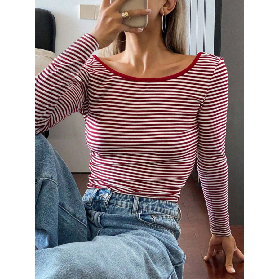 Devine Backless Striped Boat Neck Long Sleeve T-Shirt Apparel and Accessories