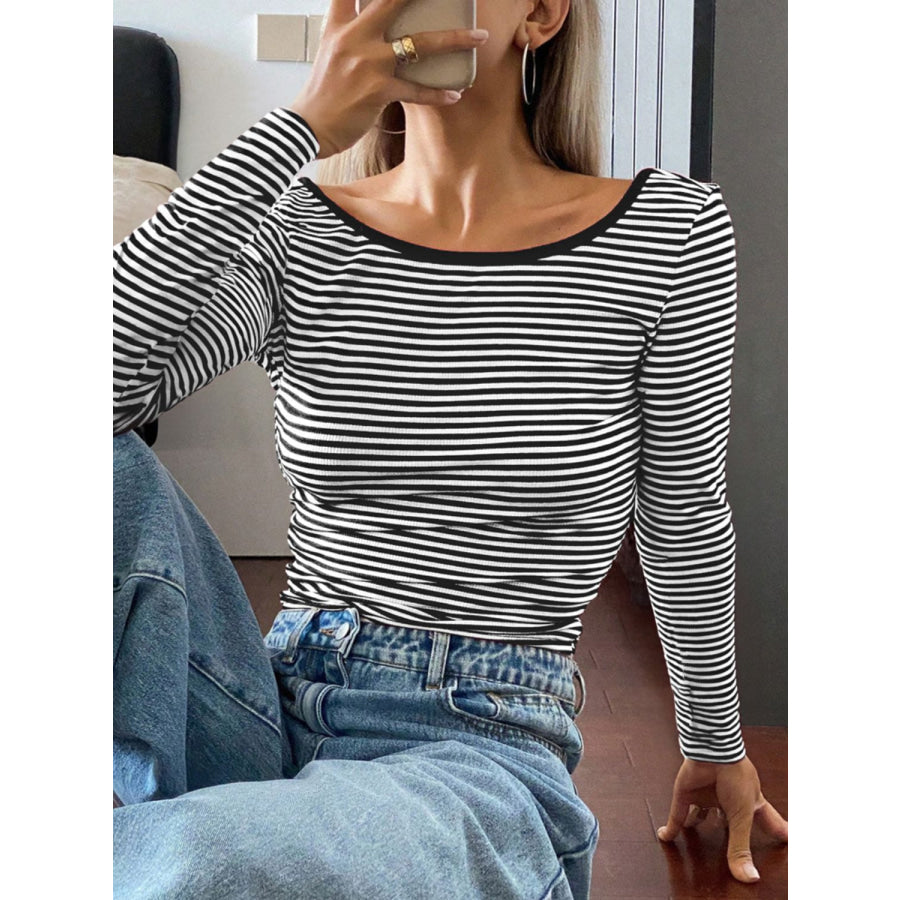 Devine Backless Striped Boat Neck Long Sleeve T-Shirt Black / S Apparel and Accessories