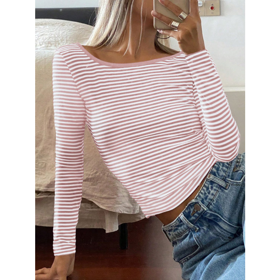 Devine Backless Striped Boat Neck Long Sleeve T-Shirt Blush Pink / S Apparel and Accessories