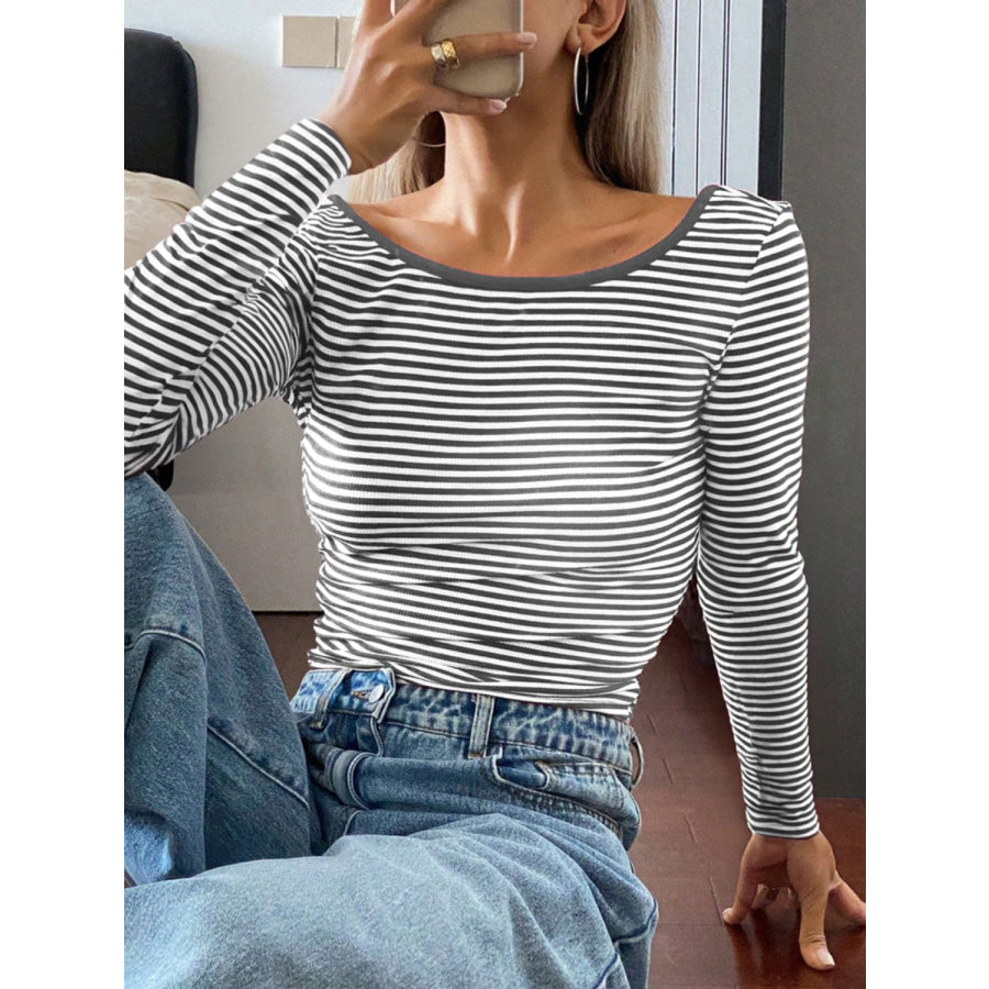 Devine Backless Striped Boat Neck Long Sleeve T-Shirt Gray / S Apparel and Accessories