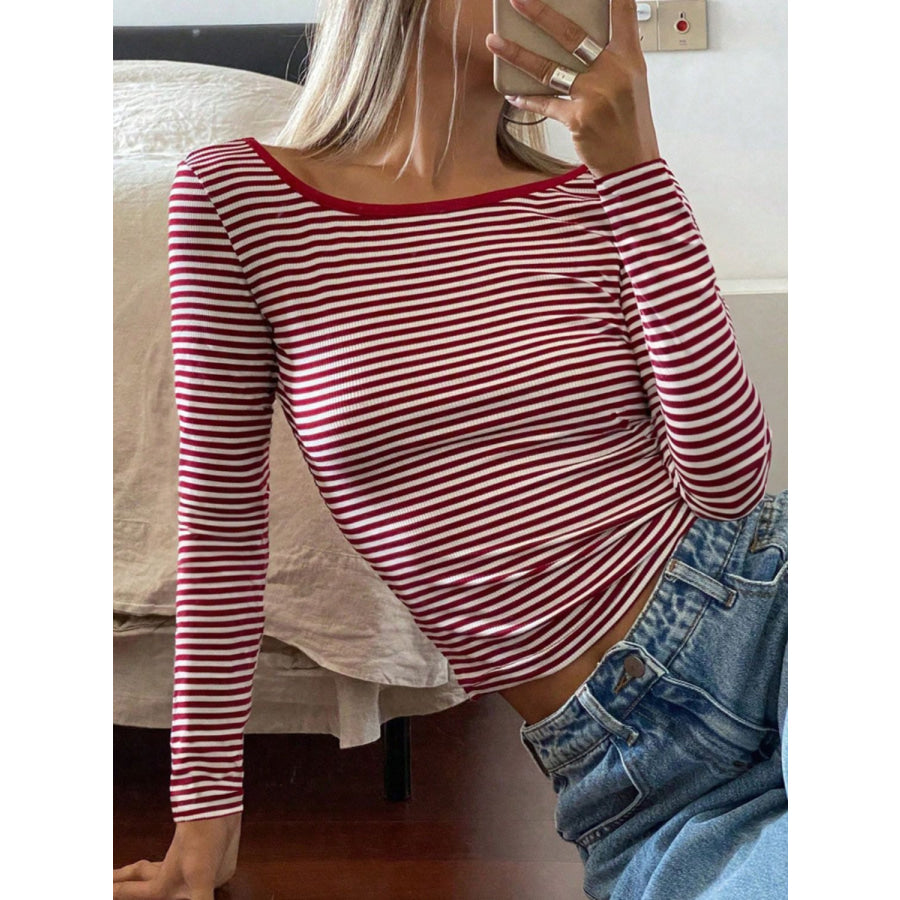 Devine Backless Striped Boat Neck Long Sleeve T-Shirt Rust / S Apparel and Accessories