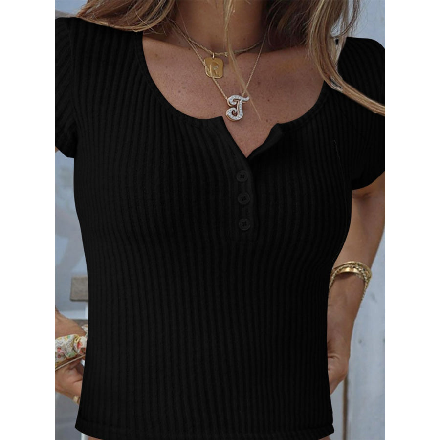 Devine Button Detail Round Neck Short Sleeve T-Shirt Apparel and Accessories