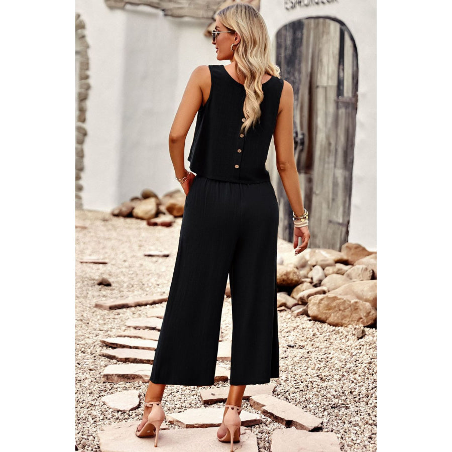 Devine Buttoned Round Neck Tank and Wide Leg Pants Set Apparel and Accessories