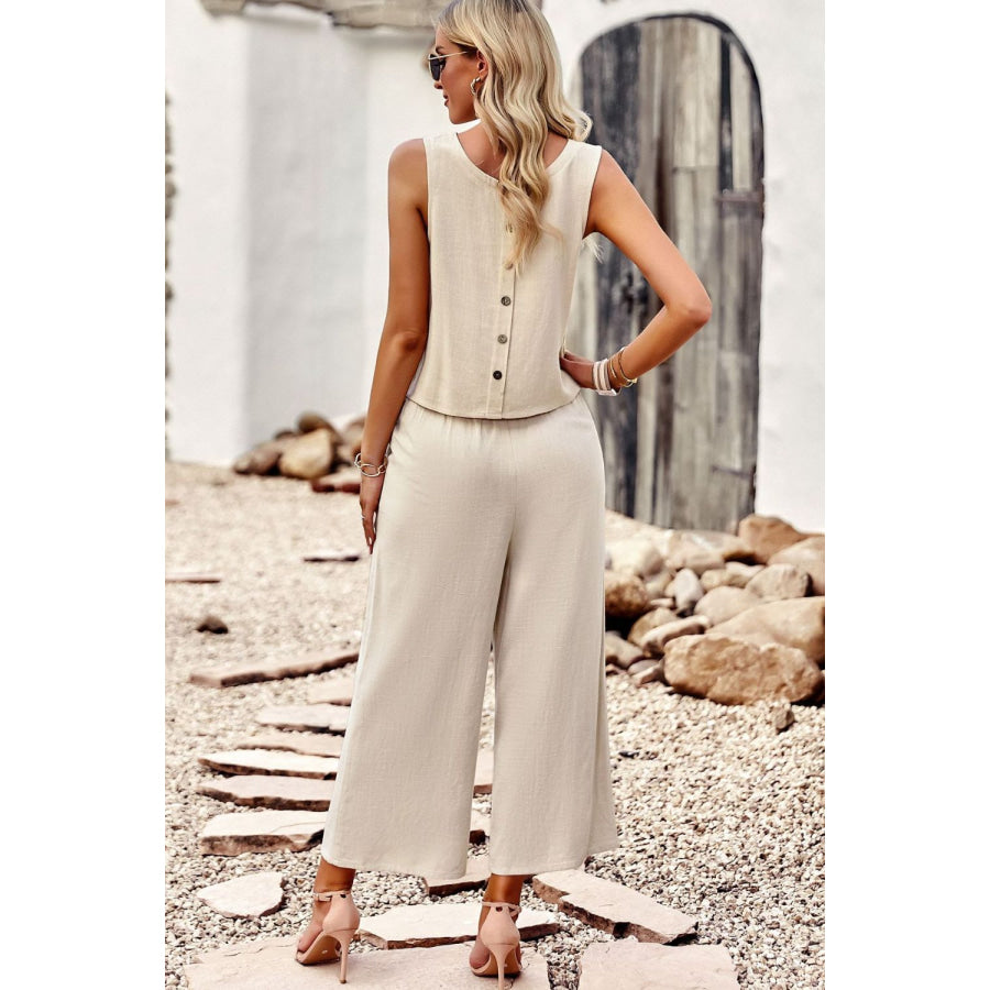 Devine Buttoned Round Neck Tank and Wide Leg Pants Set Apparel and Accessories