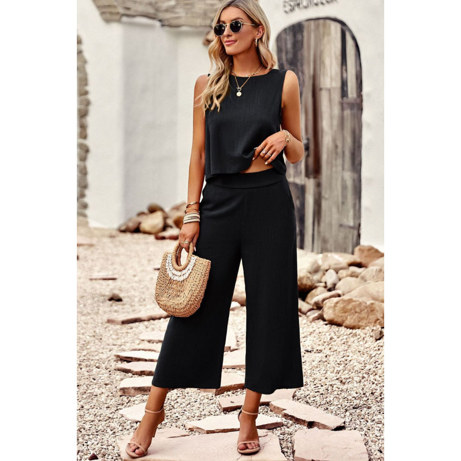 Devine Buttoned Round Neck Tank and Wide Leg Pants Set Black / S Apparel and Accessories