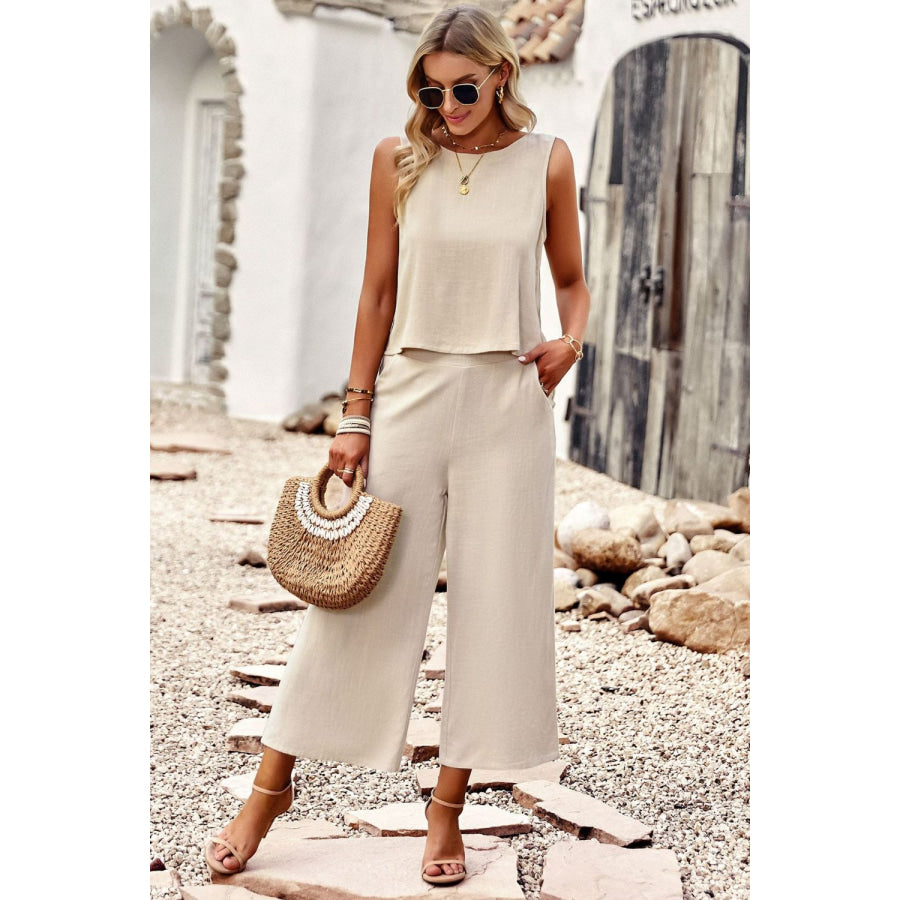 Devine Buttoned Round Neck Tank and Wide Leg Pants Set Tan / S Apparel and Accessories