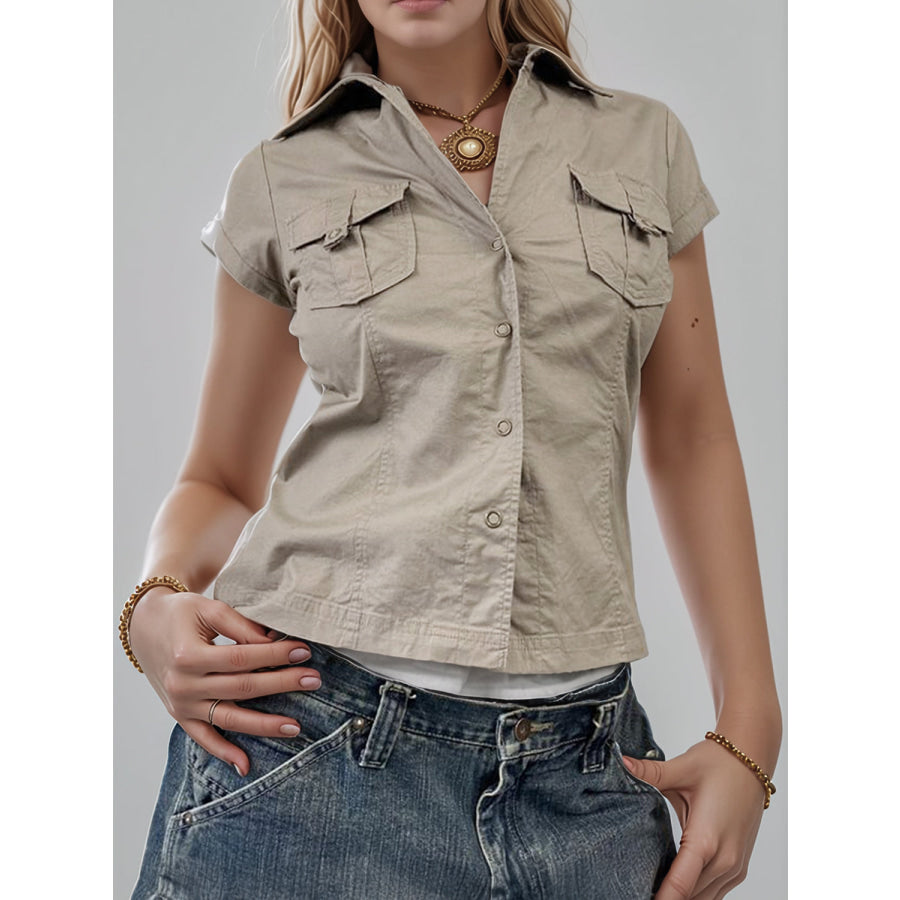 Devine Collared Neck Short Sleeve Shirt Mocha / S Apparel and Accessories