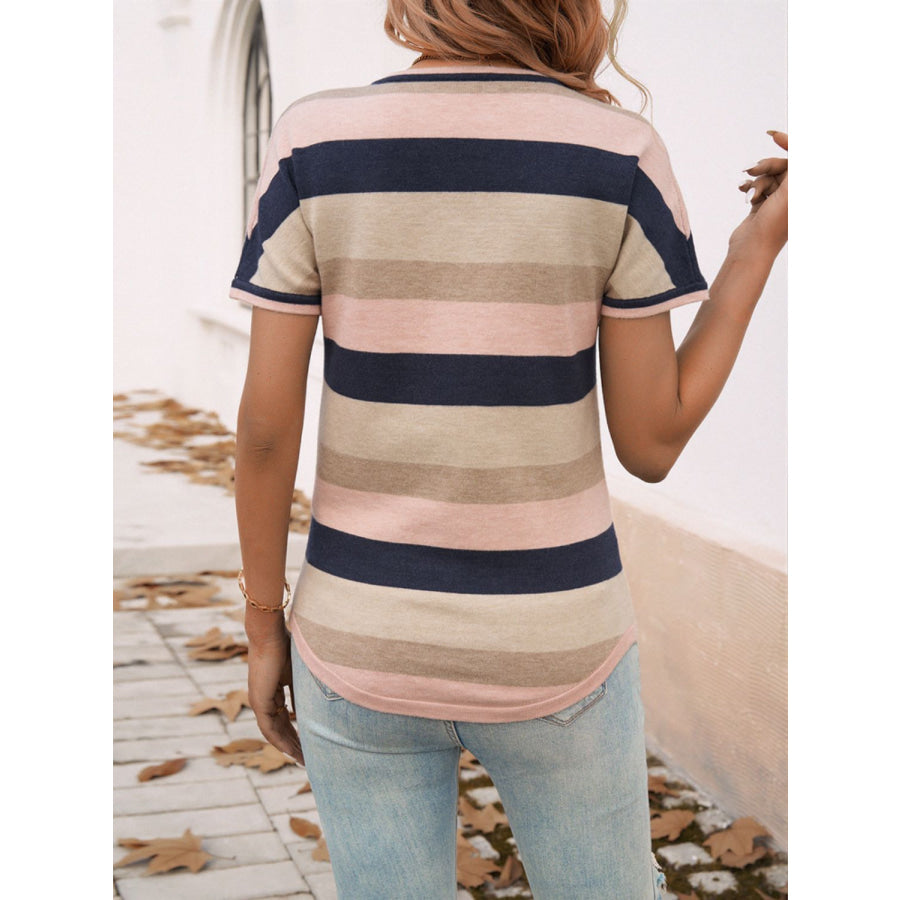 Devine Color Block V-Neck Short Sleeve Knit Top Multicolor / S Apparel and Accessories