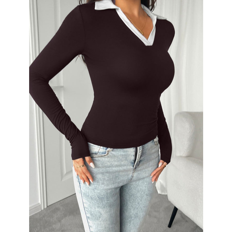 Devine Contrast Trim Johnny Collar Long Sleeve T-Shirt Apparel and Accessories