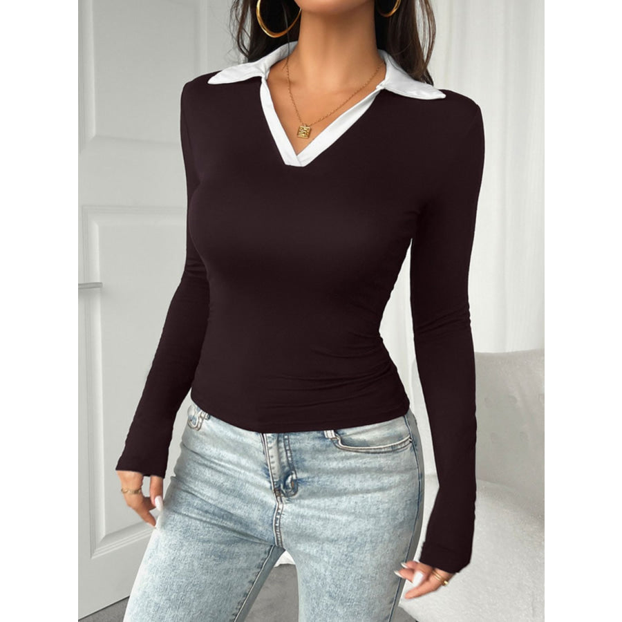 Devine Contrast Trim Johnny Collar Long Sleeve T-Shirt Apparel and Accessories