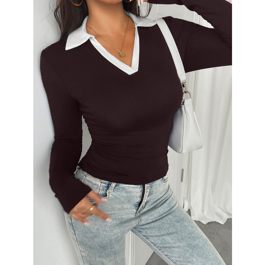 Devine Contrast Trim Johnny Collar Long Sleeve T-Shirt Apparel and Accessories