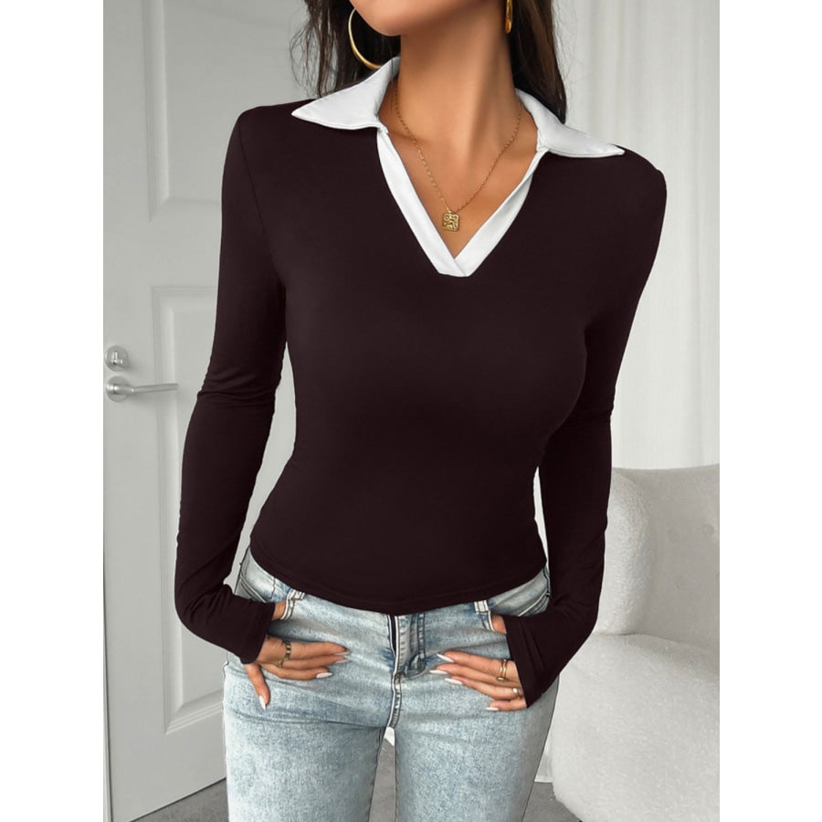 Devine Contrast Trim Johnny Collar Long Sleeve T-Shirt Chocolate / S Apparel and Accessories