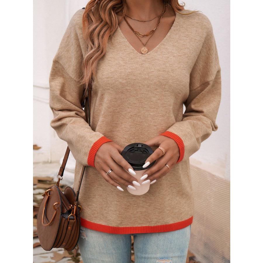 Devine Contrast Trim V-Neck Dropped Shoulder Sweater Apparel and Accessories