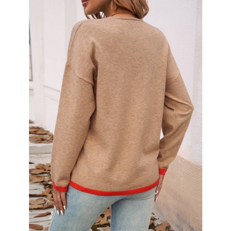 Devine Contrast Trim V-Neck Dropped Shoulder Sweater Tan / S Apparel and Accessories