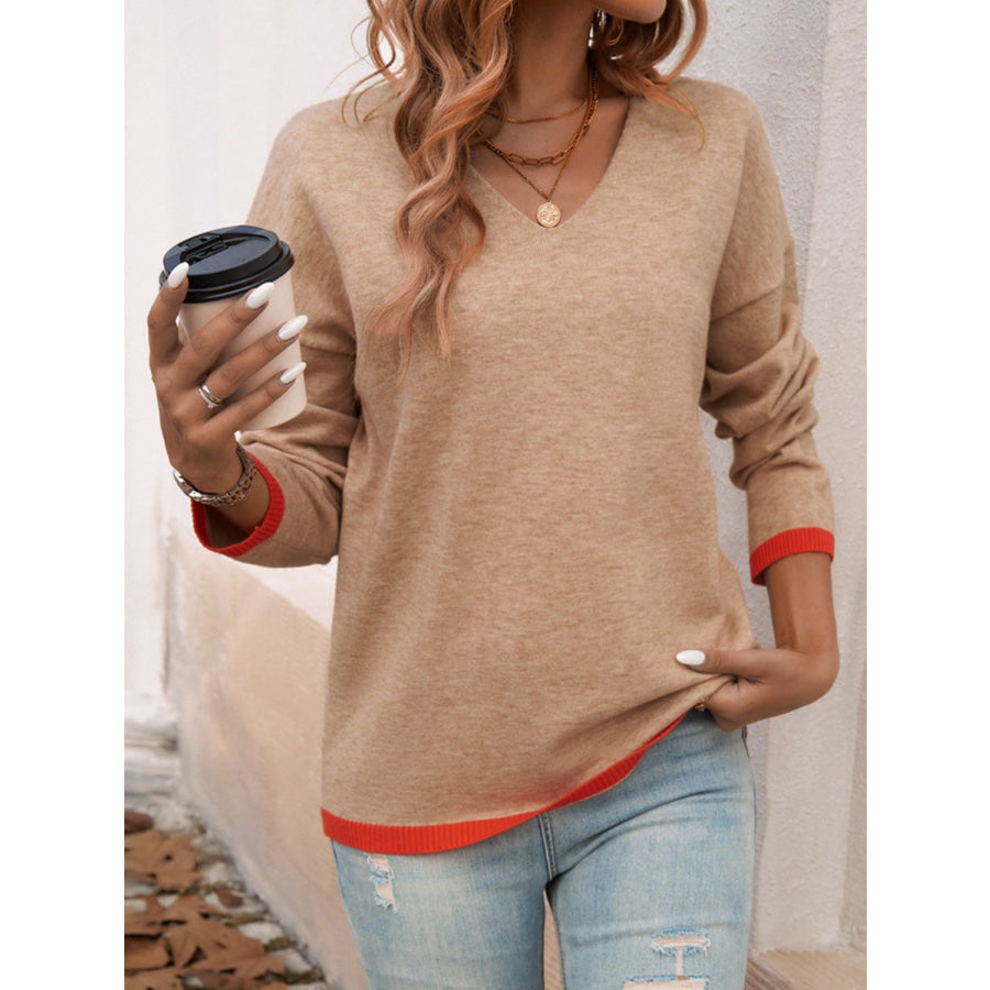 Devine Contrast Trim V-Neck Dropped Shoulder Sweater Apparel and Accessories