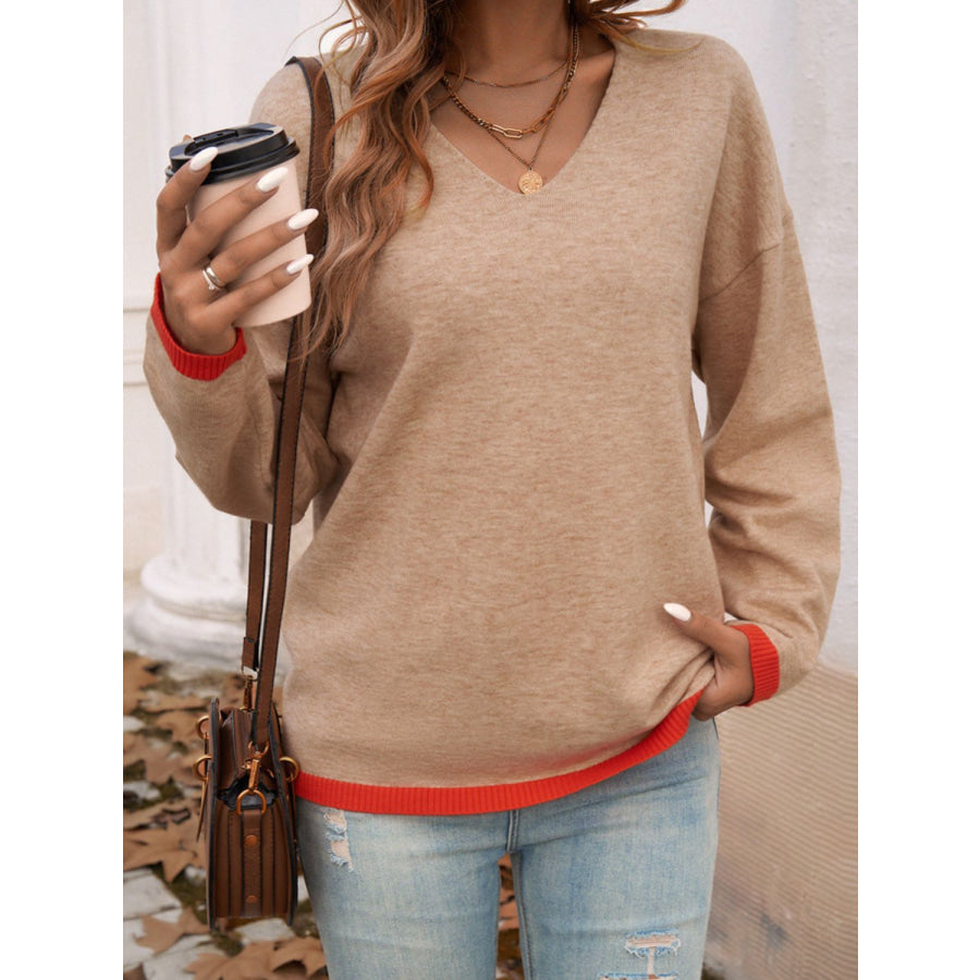 Devine Contrast Trim V-Neck Dropped Shoulder Sweater Apparel and Accessories