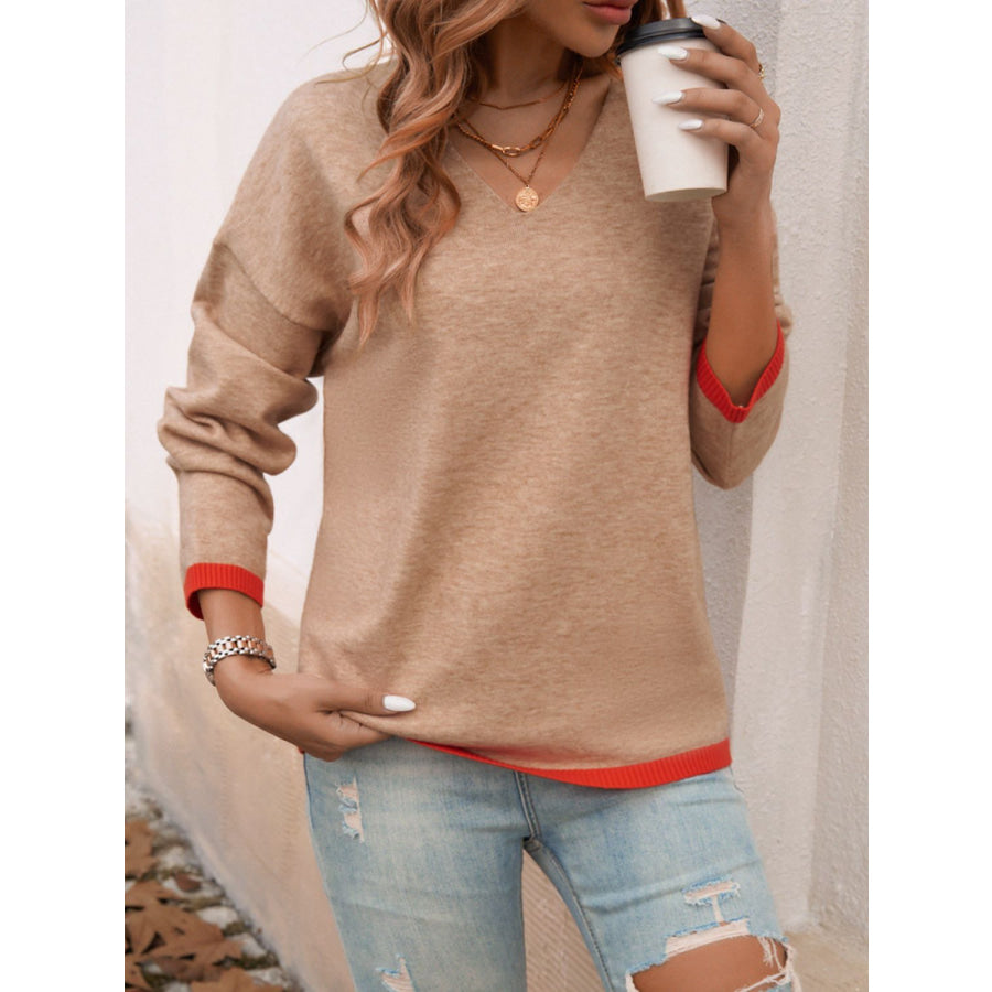 Devine Contrast Trim V-Neck Dropped Shoulder Sweater Tan / S Apparel and Accessories