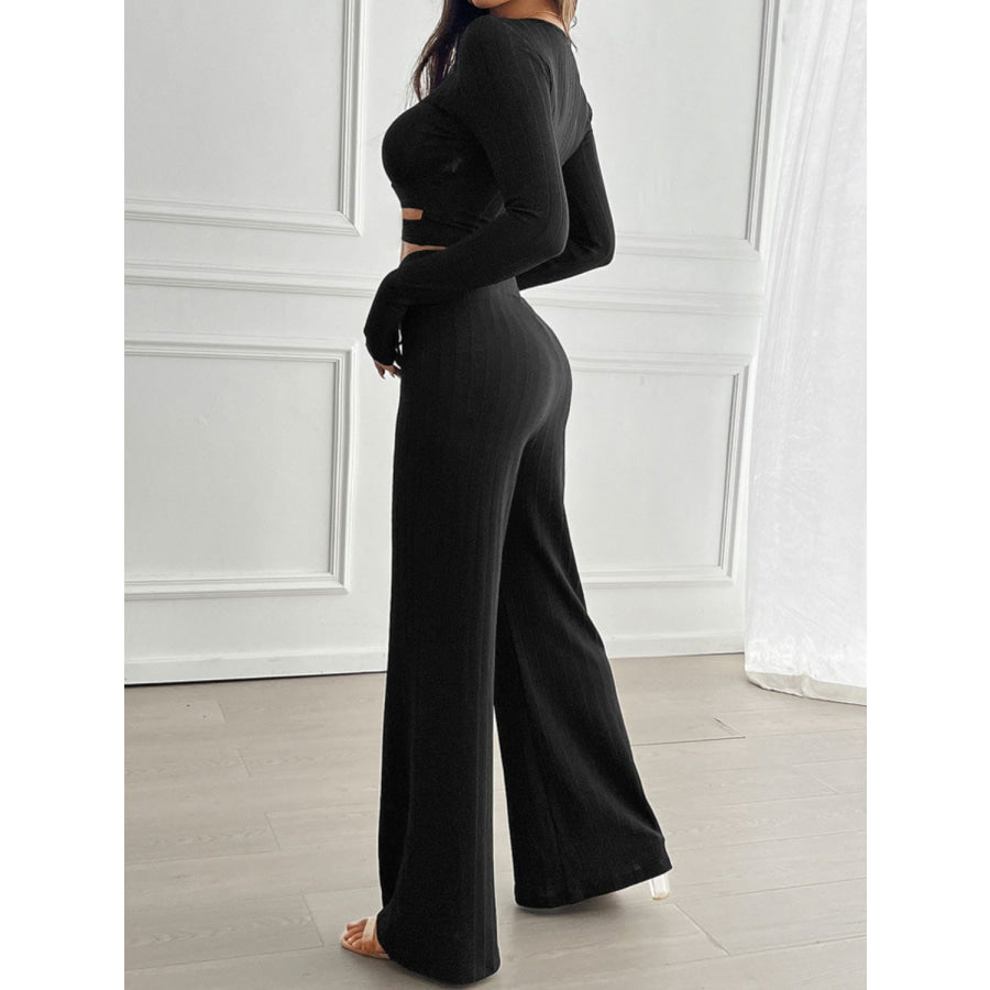 Devine Crisscross Round Neck Long Sleeve Top and Pants Set Apparel and Accessories