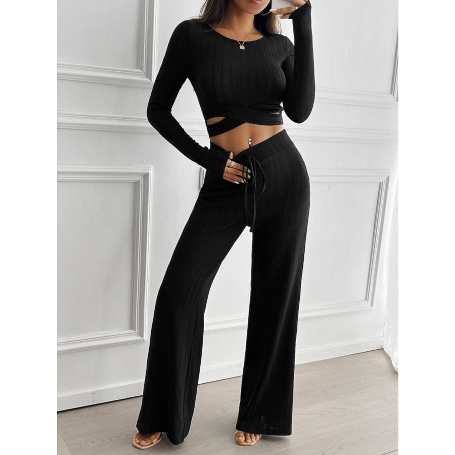 Devine Crisscross Round Neck Long Sleeve Top and Pants Set Apparel and Accessories
