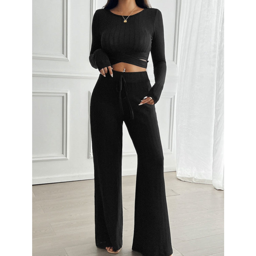 Devine Crisscross Round Neck Long Sleeve Top and Pants Set Apparel and Accessories
