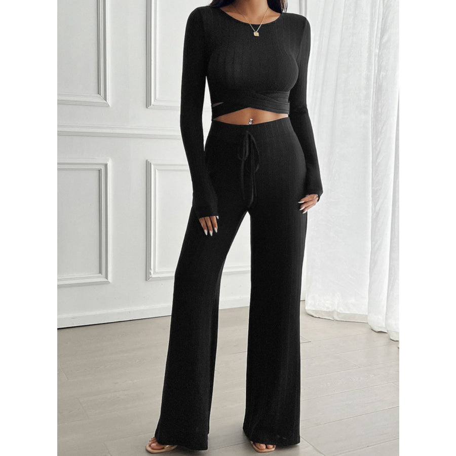 Devine Crisscross Round Neck Long Sleeve Top and Pants Set Black / S Apparel and Accessories
