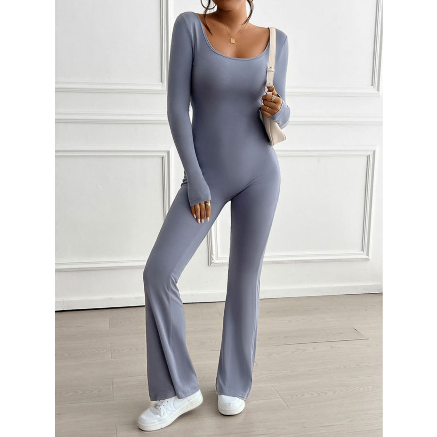 Devine Cutout Scoop Neck Long Sleeve Jumpsuit Dusty Blue / S Apparel and Accessories