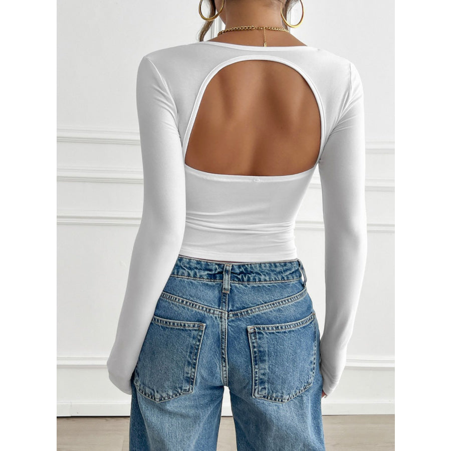 Devine Cutout Square Neck Long Sleeve T-Shirt White / S Apparel and Accessories