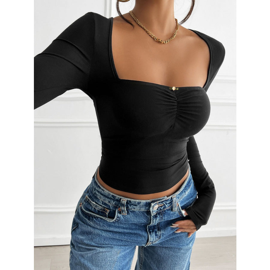 Devine Cutout Square Neck Long Sleeve T-Shirt Black / S Apparel and Accessories