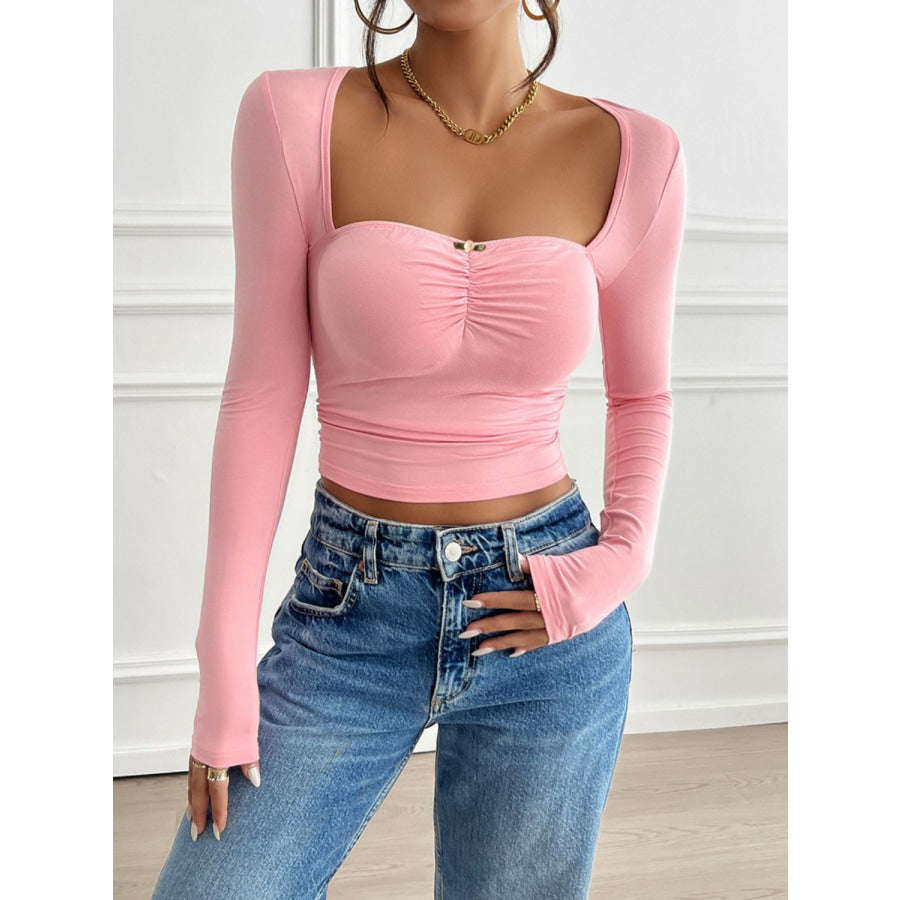 Devine Cutout Square Neck Long Sleeve T-Shirt Pink / S Apparel and Accessories