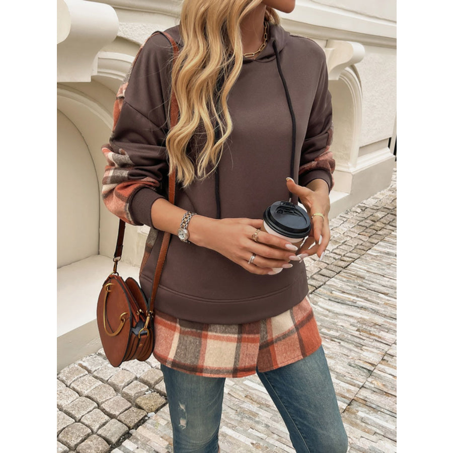 Devine Drawstring Plaid Long Sleeve Hoodie Apparel and Accessories