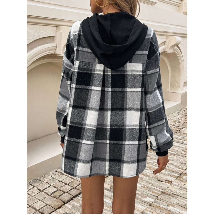 Devine Drawstring Plaid Long Sleeve Hoodie Apparel and Accessories