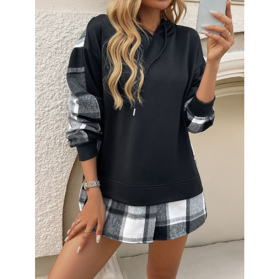 Devine Drawstring Plaid Long Sleeve Hoodie Black / S Apparel and Accessories