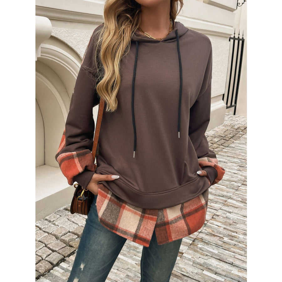 Devine Drawstring Plaid Long Sleeve Hoodie Brown / S Apparel and Accessories