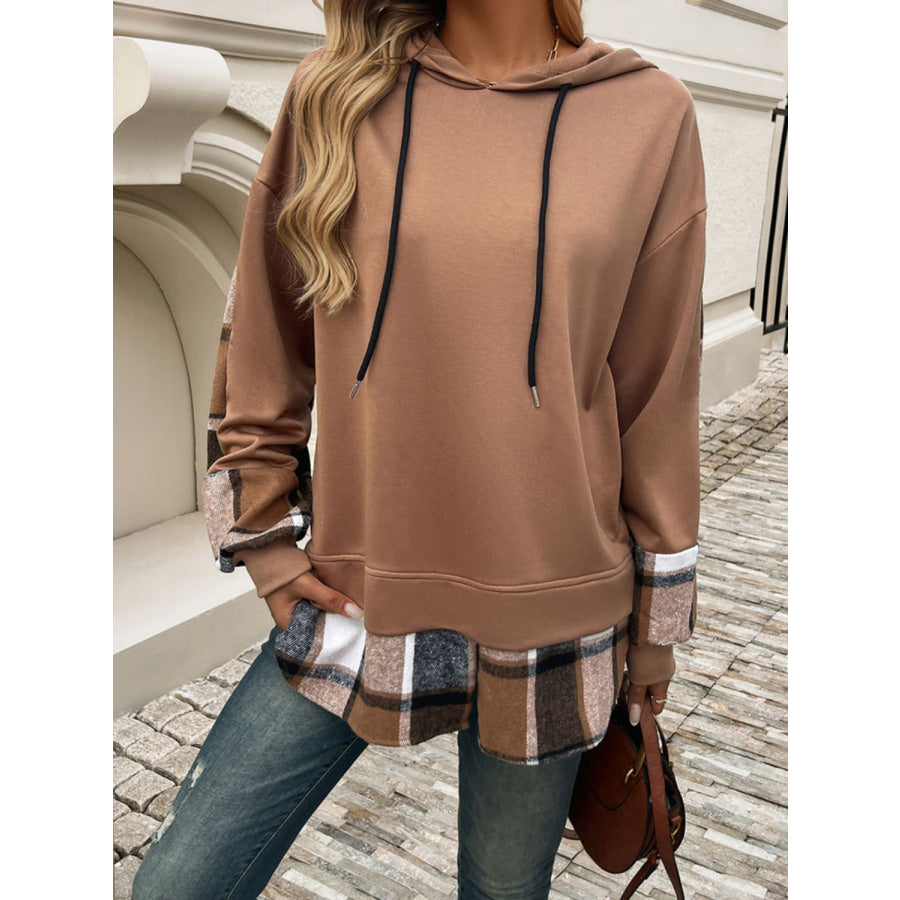 Devine Drawstring Plaid Long Sleeve Hoodie Camel / S Apparel and Accessories