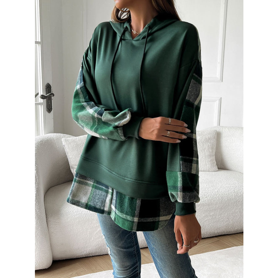 Devine Drawstring Plaid Long Sleeve Hoodie Dark Green / S Apparel and Accessories