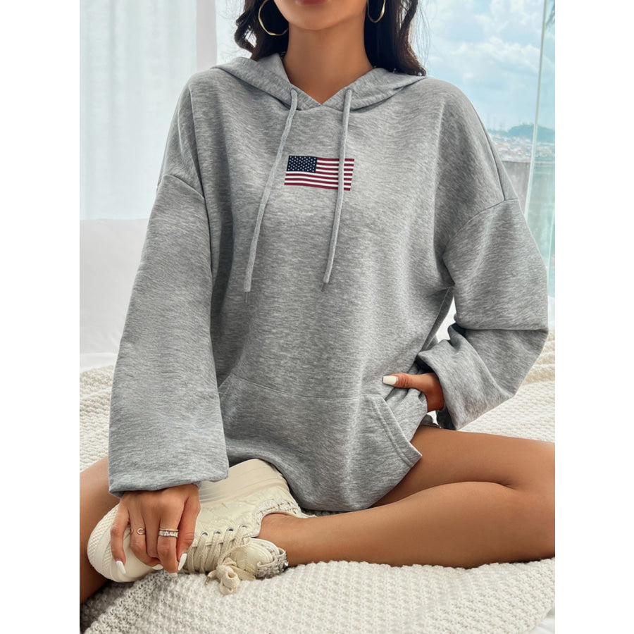 Devine Drawstring US Flag Long Sleeve Hoodie Apparel and Accessories