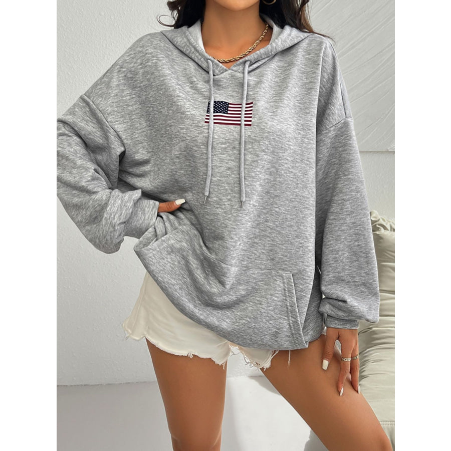 Devine Drawstring US Flag Long Sleeve Hoodie Apparel and Accessories